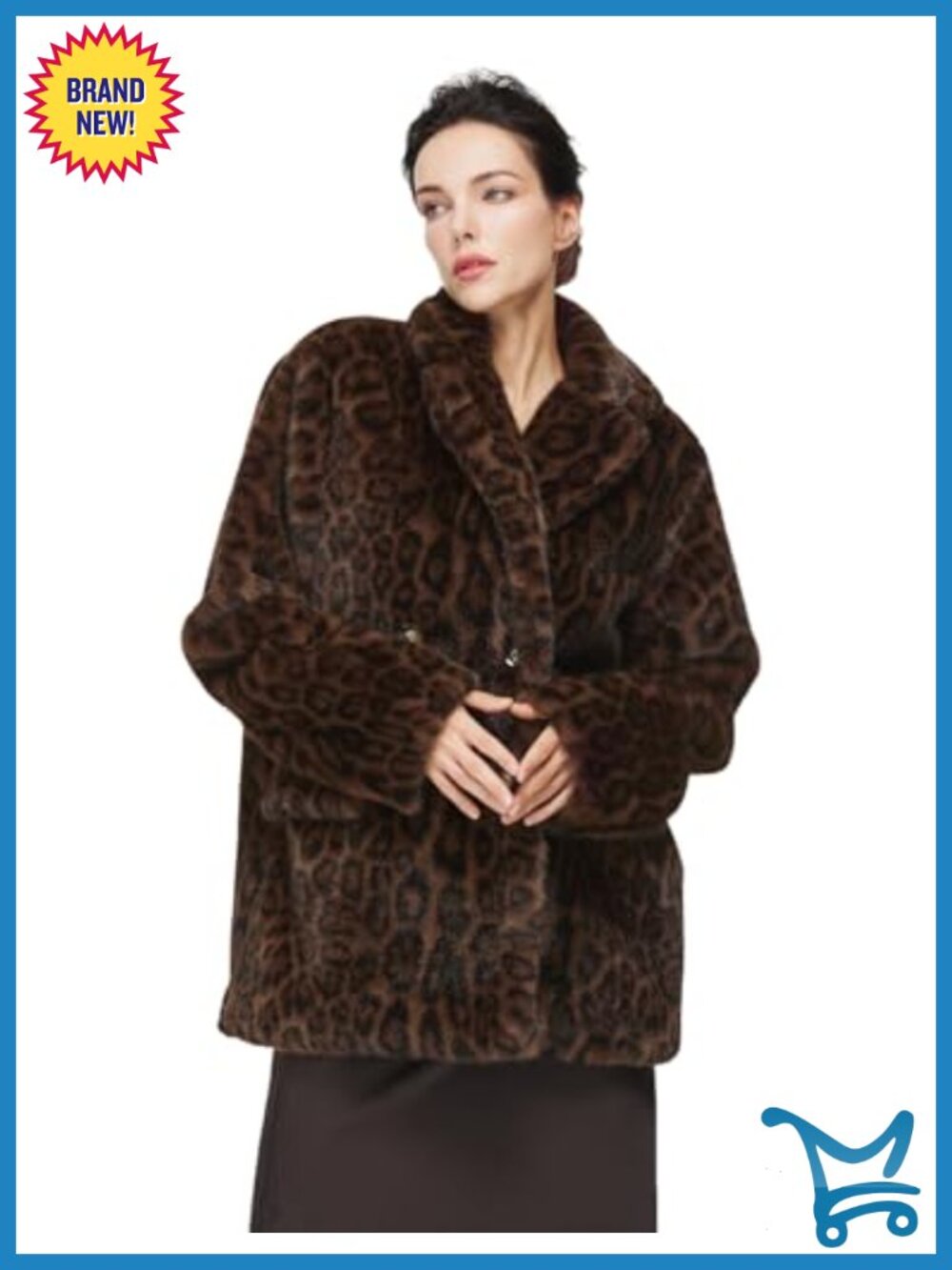 Luxurious Faux Fur Leopard Coat Long Sleeve Jacket with Pockets Winter Party
